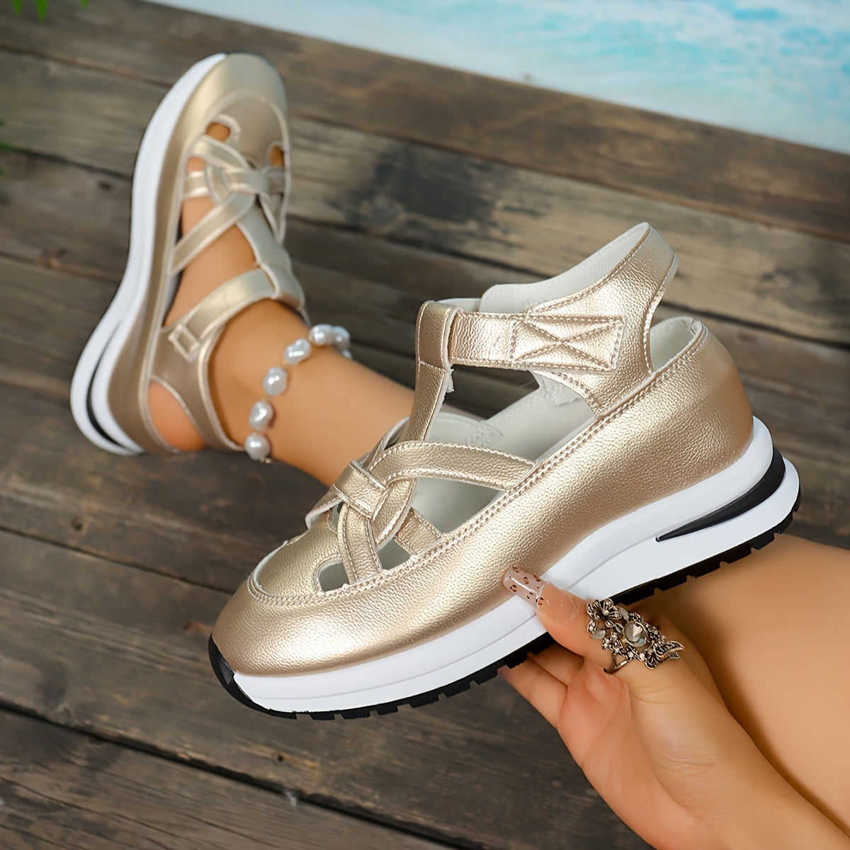 【Protección de los pies】Sandalias de cuña con velcro para mujer