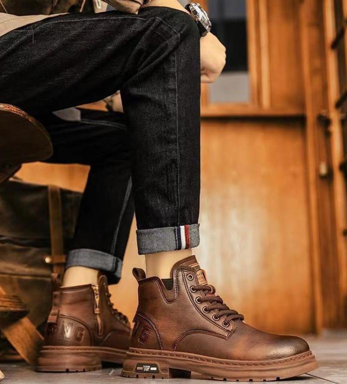 🐂Cuero🐂 Botas de piel transpirables con cremallera para hombre