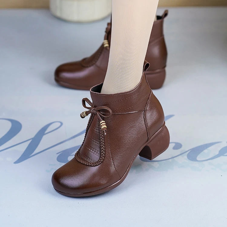 Botas de terciopelo de tacón medio de piel auténtica