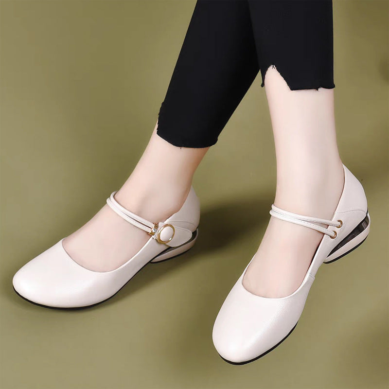 Zapatos de cuero para mujer de punta redonda y tacón de bloque