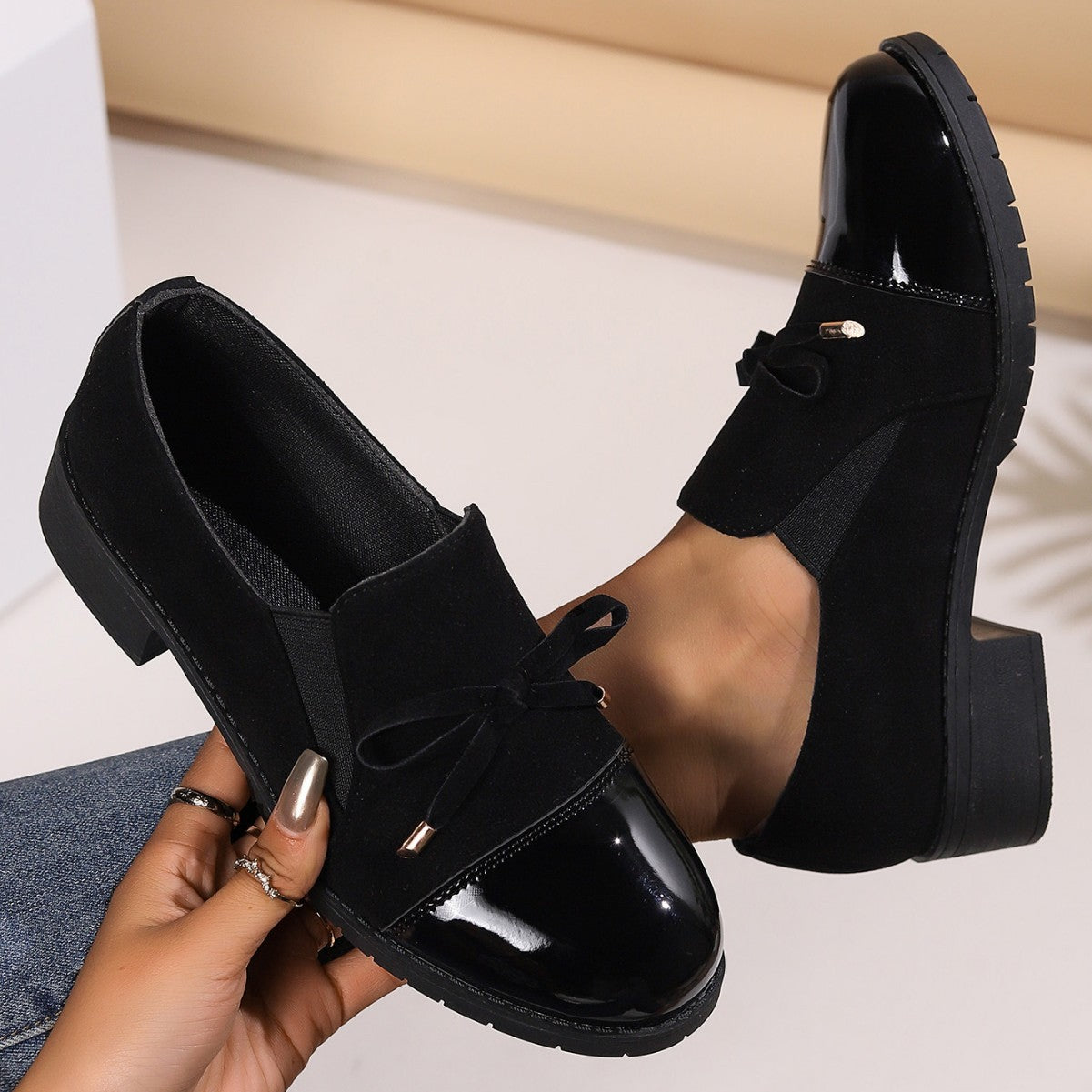 🐂Cuero🐂Zapatos de piel con lazo, punta redonda y tacón grueso