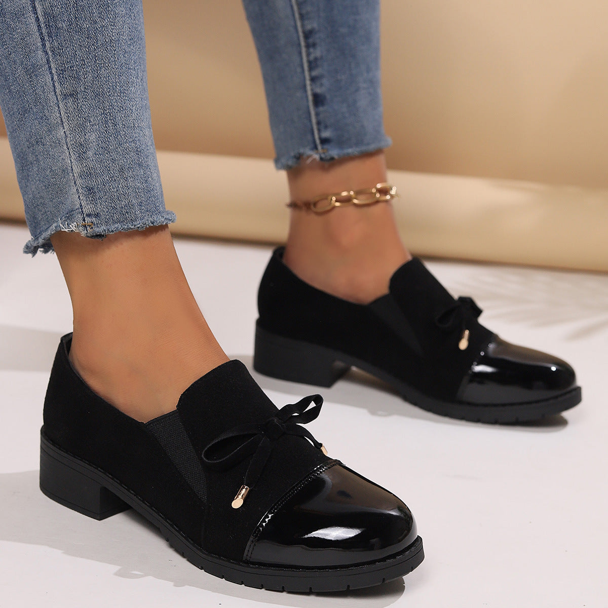 🐂Cuero🐂Zapatos de piel con lazo, punta redonda y tacón grueso