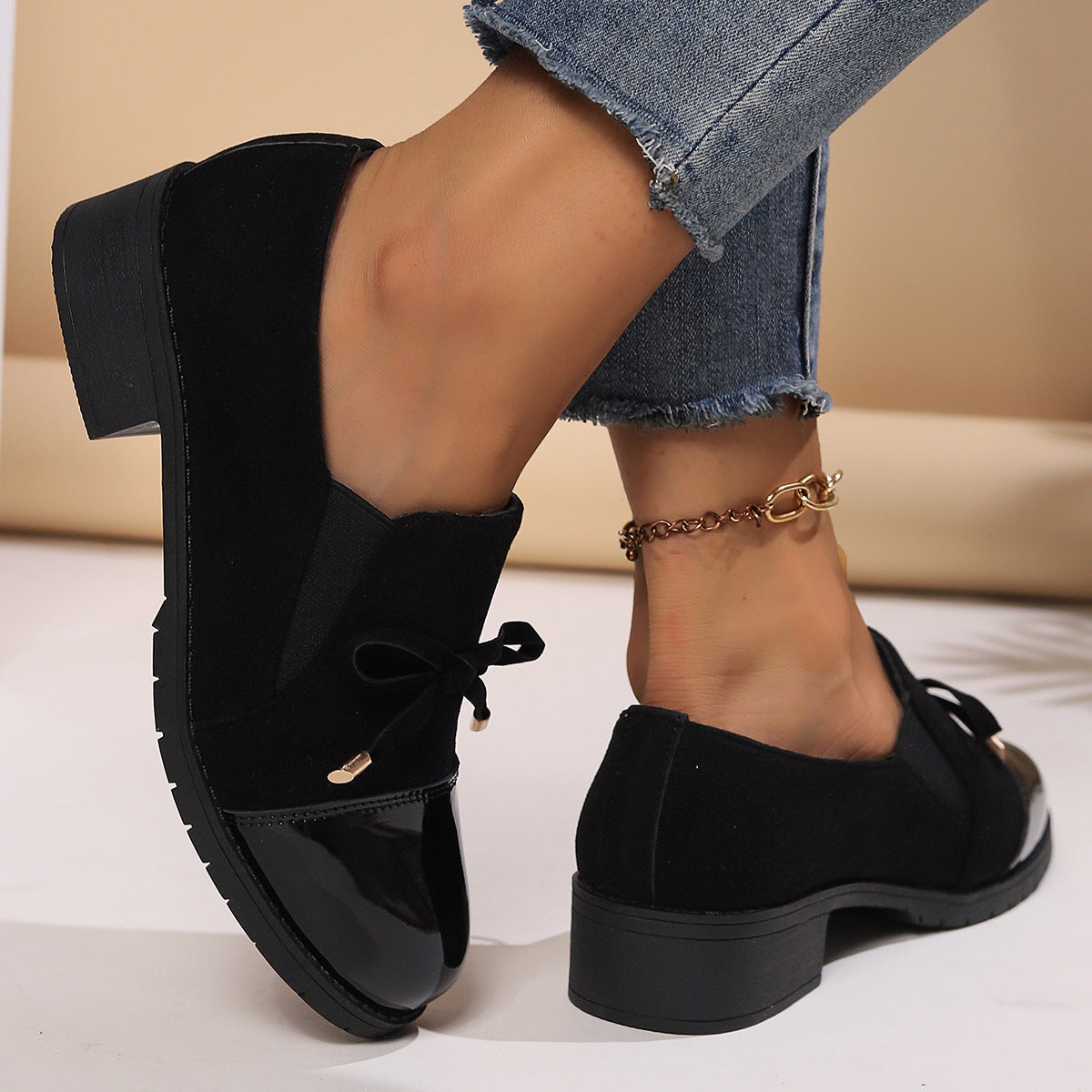 🐂Cuero🐂Zapatos de piel con lazo, punta redonda y tacón grueso