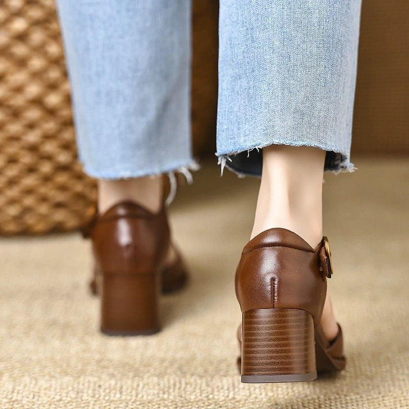 Zapatos de Piel Elegantes con Tacón Ancho para Mujer