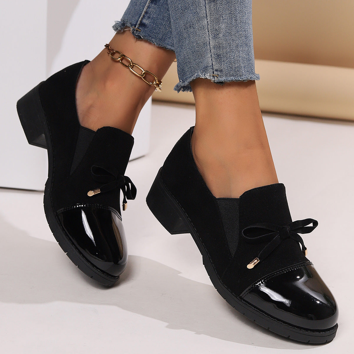 🐂Cuero🐂Zapatos de piel con lazo, punta redonda y tacón grueso