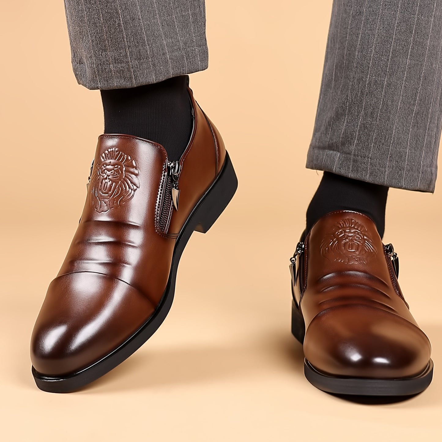 🐂Cuero🐂Zapatos de piel con doble cremallera para hombre
