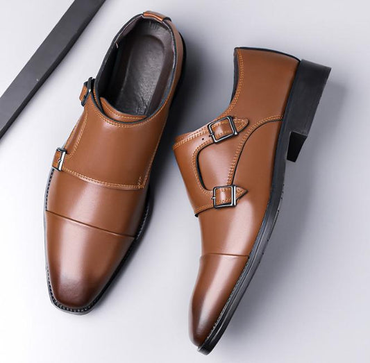 🐂Cuero🐂Zapatos de piel con doble hebilla para hombre