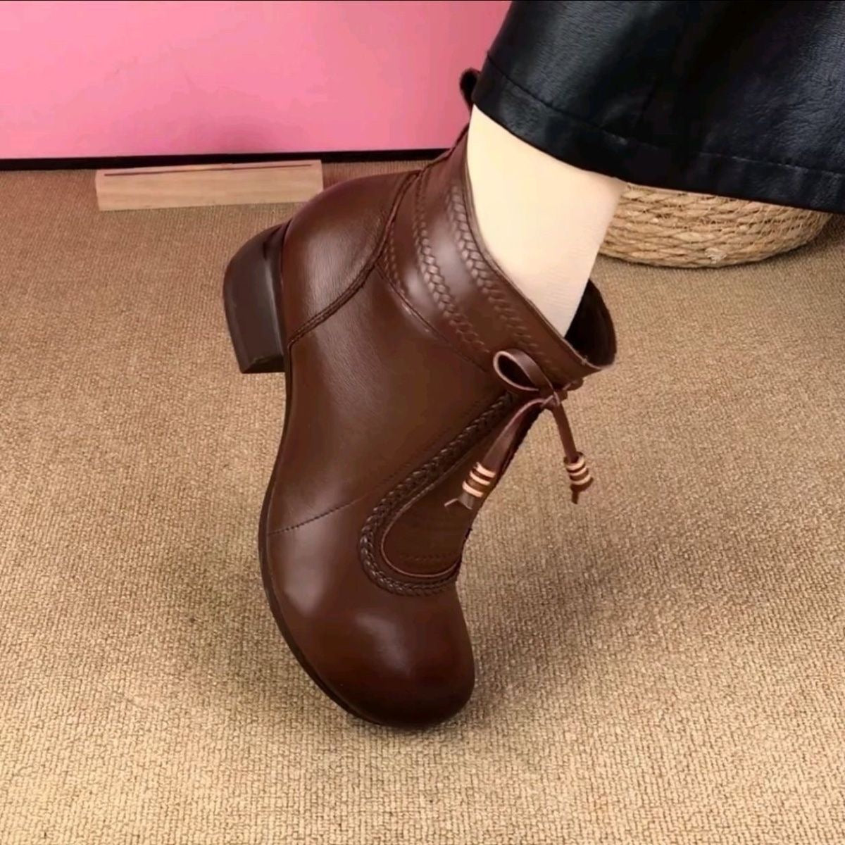 Botas de tacón medio de piel auténtica