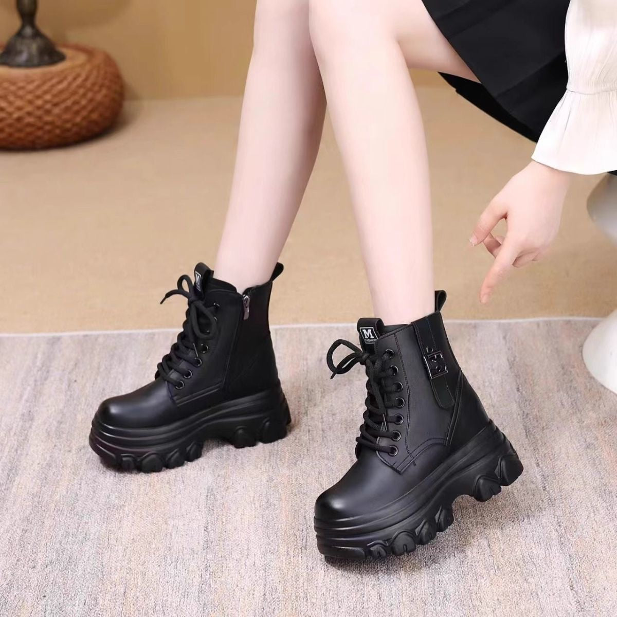 Botas Cortas Mujer Plataforma Suela Gruesa Cordones Hebilla