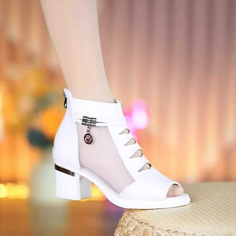 Botines de malla y piel auténtica con tacón medio