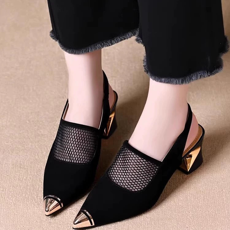 Sandalias de malla con tacón en bloque para mujer
