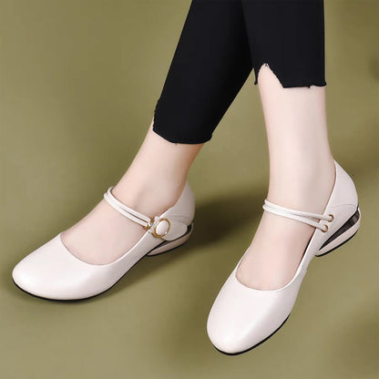 Zapatos de cuero para mujer de punta redonda y tacón de bloque