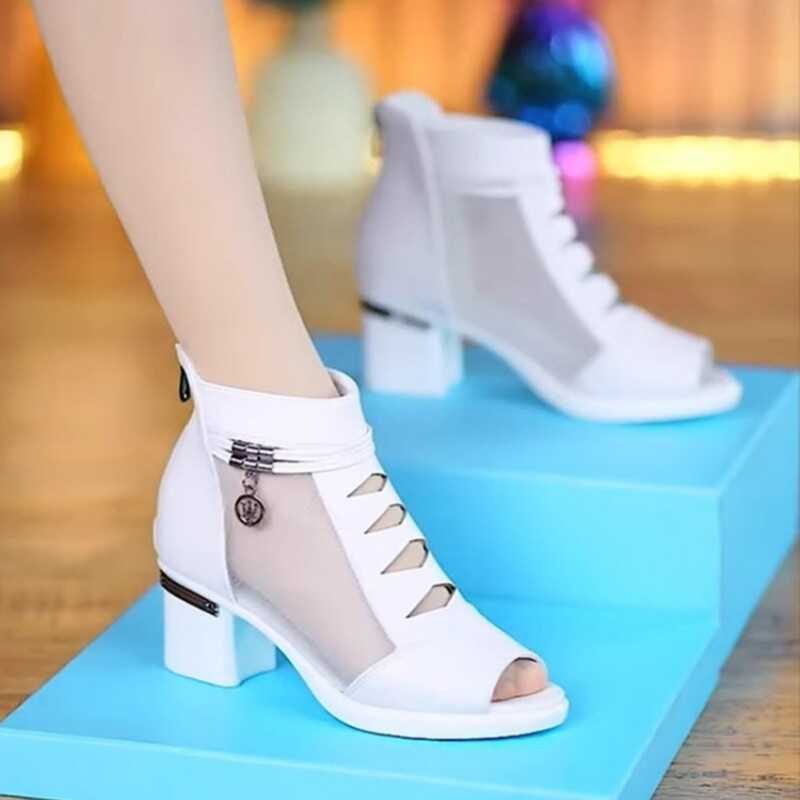 Botines de malla y piel auténtica con tacón medio