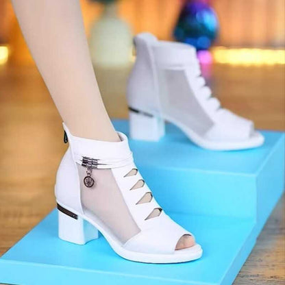 Botines de malla y piel auténtica con tacón medio
