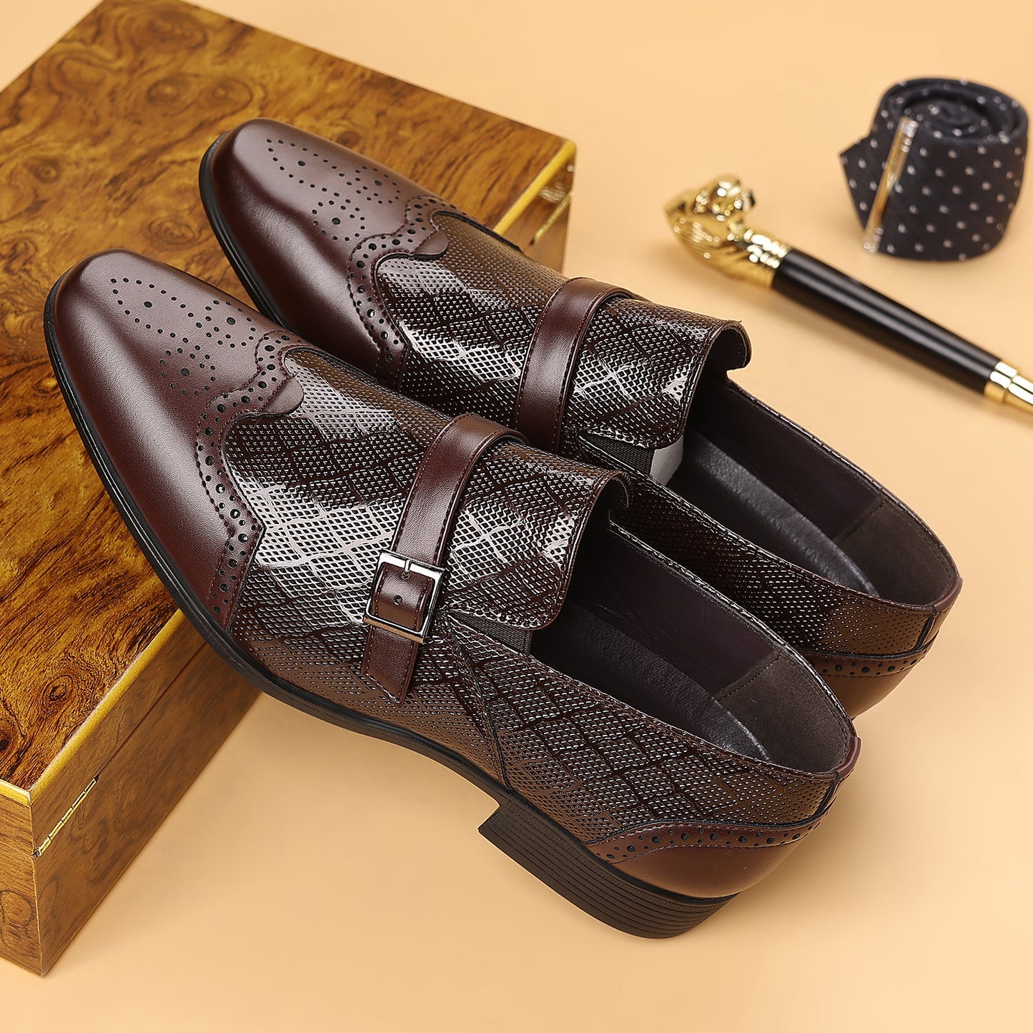 🐂Cuero🐂Zapatos de negocios de cuero con estampado de cuadrícula