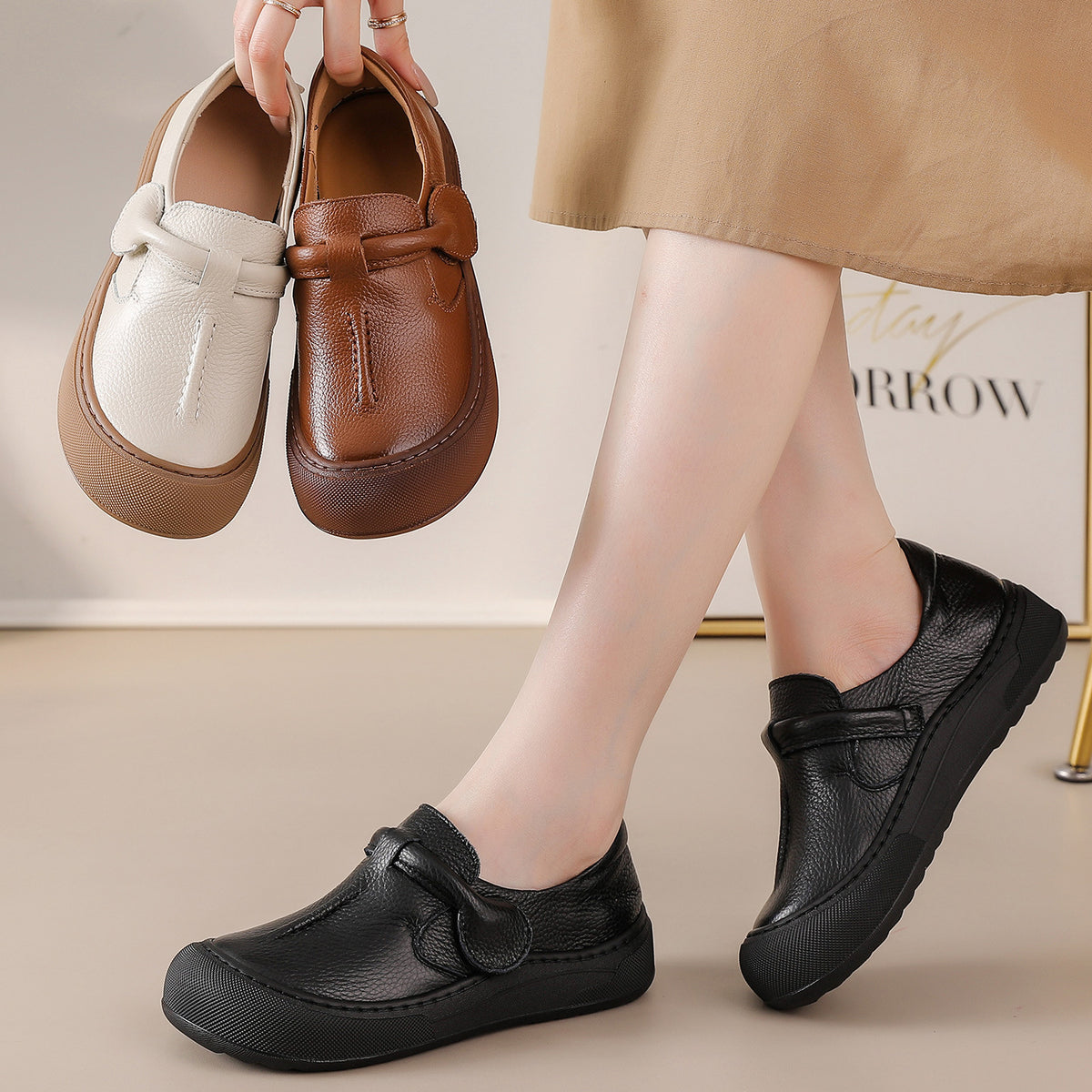 Zapatos tipo slip-on de estilo retro en piel auténtica