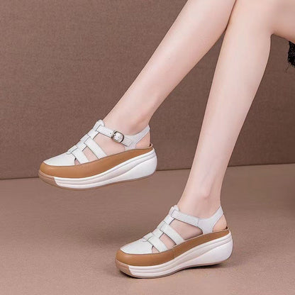 Sandalias de cuero genuinas para mujeres 2024 nuevas zapatillas de verano con suelas de pastel