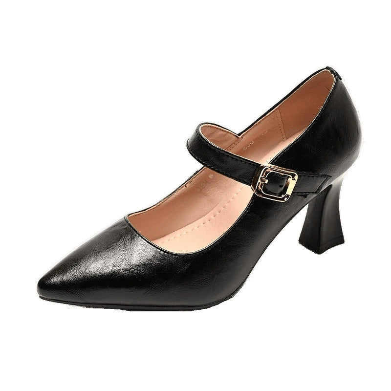 Zapatos de cuero con punta de boca poco profunda y talón grueso