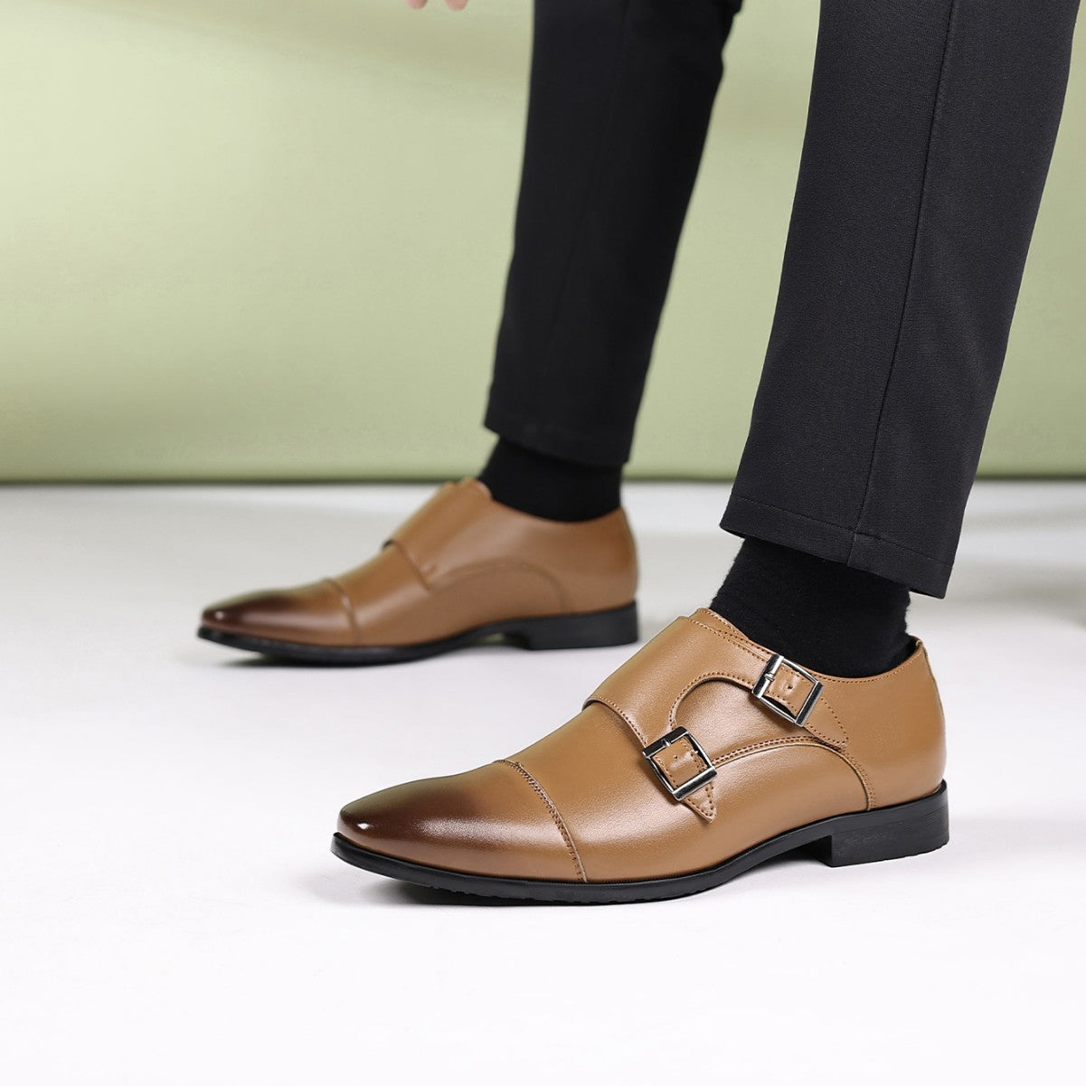 🐂Cuero🐂Zapatos de cuero con punta y doble botonadura para hombre
