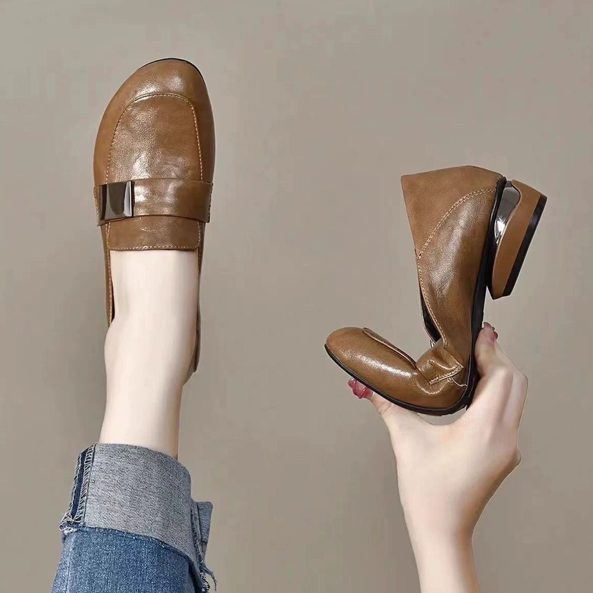 Zapatos de salón para mujer de punta redonda y tacón de bloque