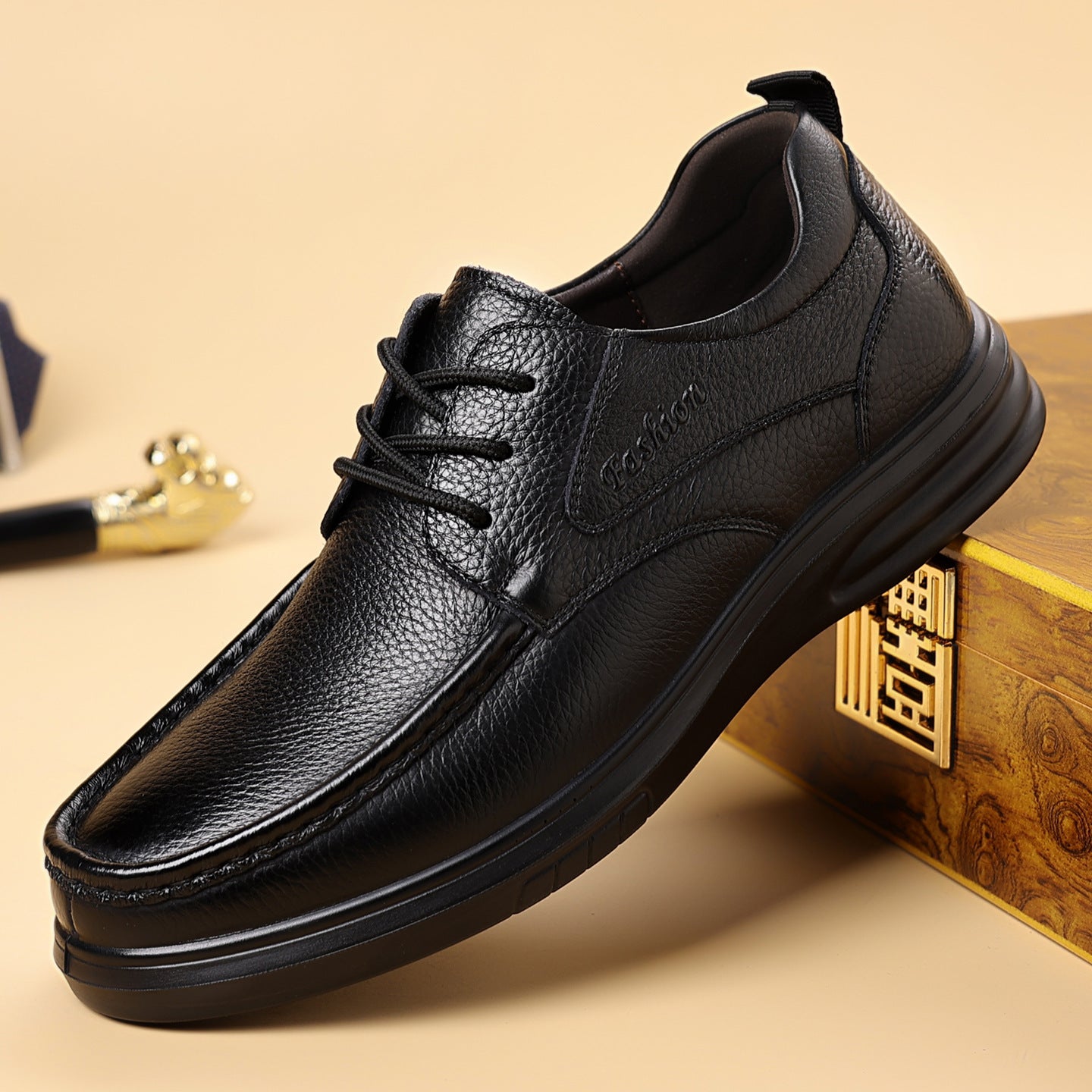 Zapatos de cuero para hombre, con cordones, de suela suave y duradera