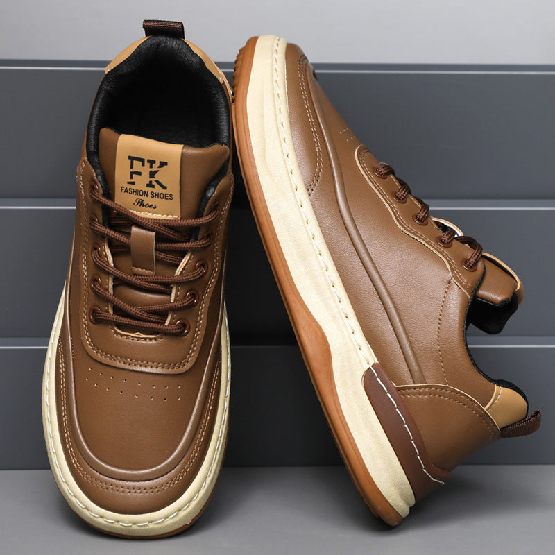 Zapatos de cuero para hombre, con suela blanda, cordones y puntera redondeada