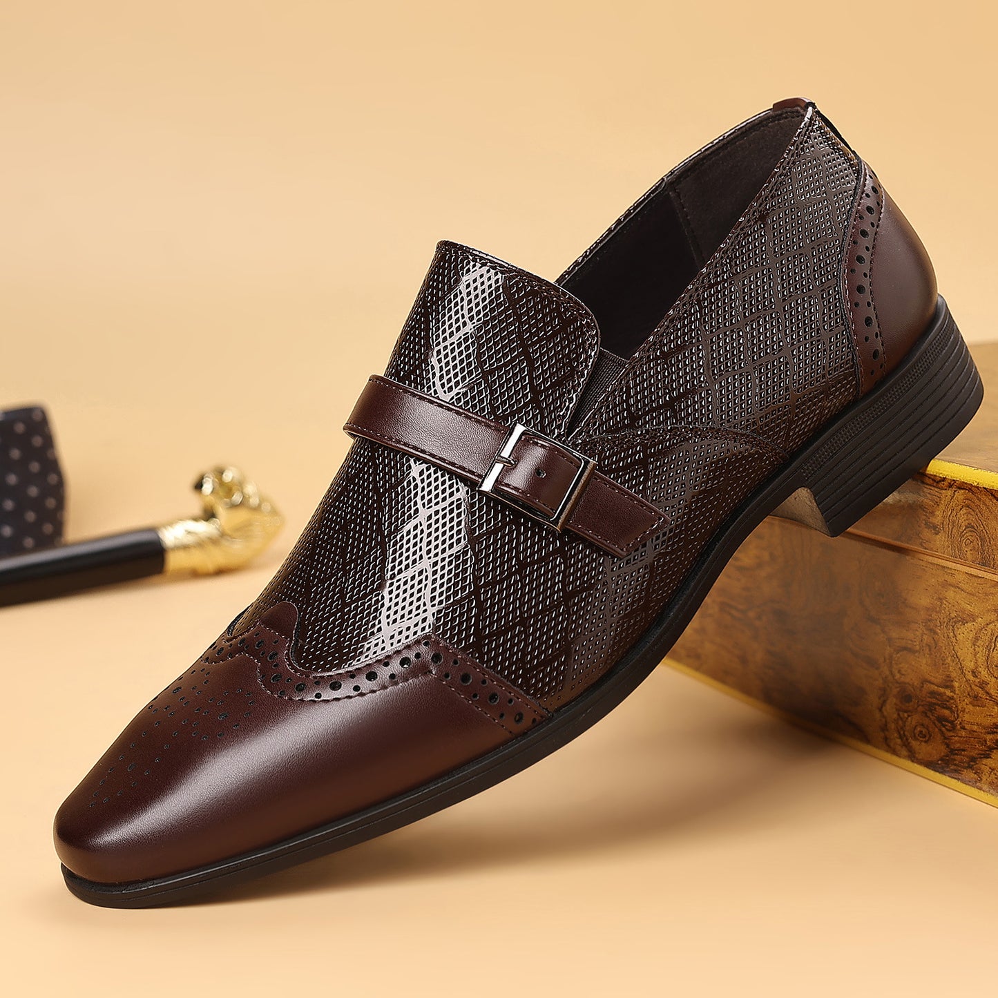 🐂Cuero🐂Zapatos de negocios de cuero con estampado de cuadrícula