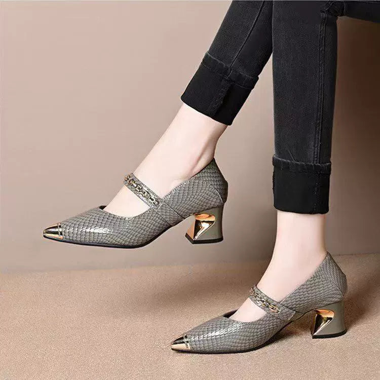 Zapatos de piel de estilo francés con punta afilada y detalles metálicos.