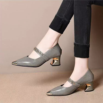 Zapatos de piel de estilo francés con punta afilada y detalles metálicos.