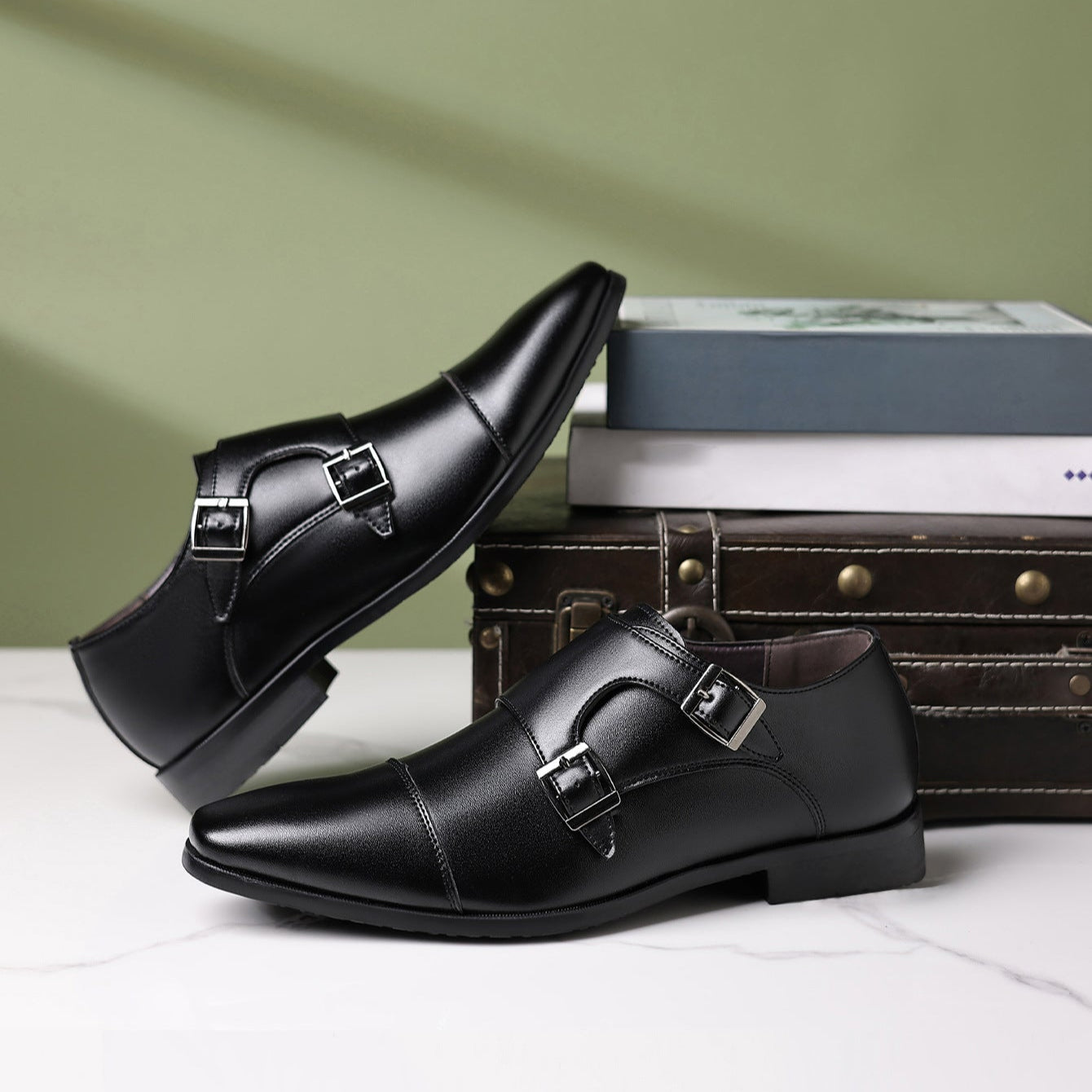 🐂Cuero🐂Zapatos de cuero con punta y doble botonadura para hombre