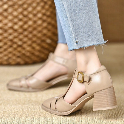 Zapatos de Piel Elegantes con Tacón Ancho para Mujer