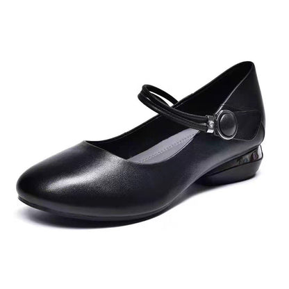 Zapatos de cuero para mujer de punta redonda y tacón de bloque