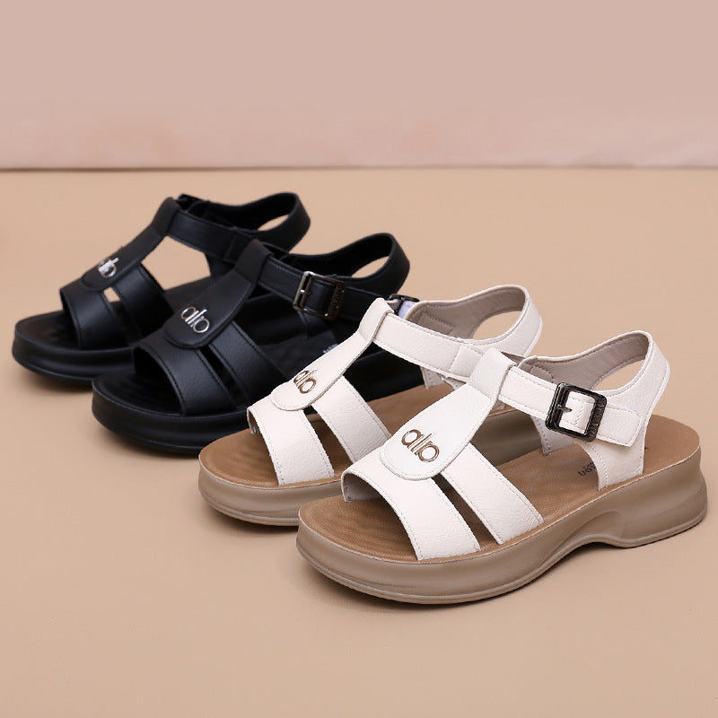 Nuevas sandalias de cuero de tacón medio para mujer