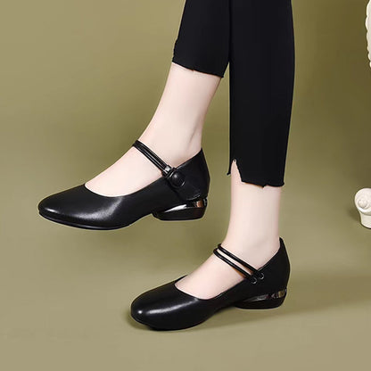Zapatos de cuero para mujer de punta redonda y tacón de bloque