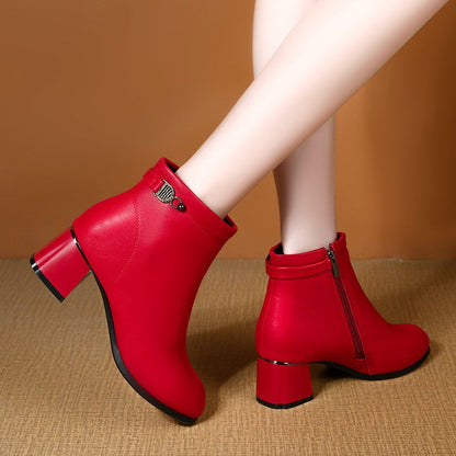 Botas de cuero para mujeres (negro y rojo sólido)