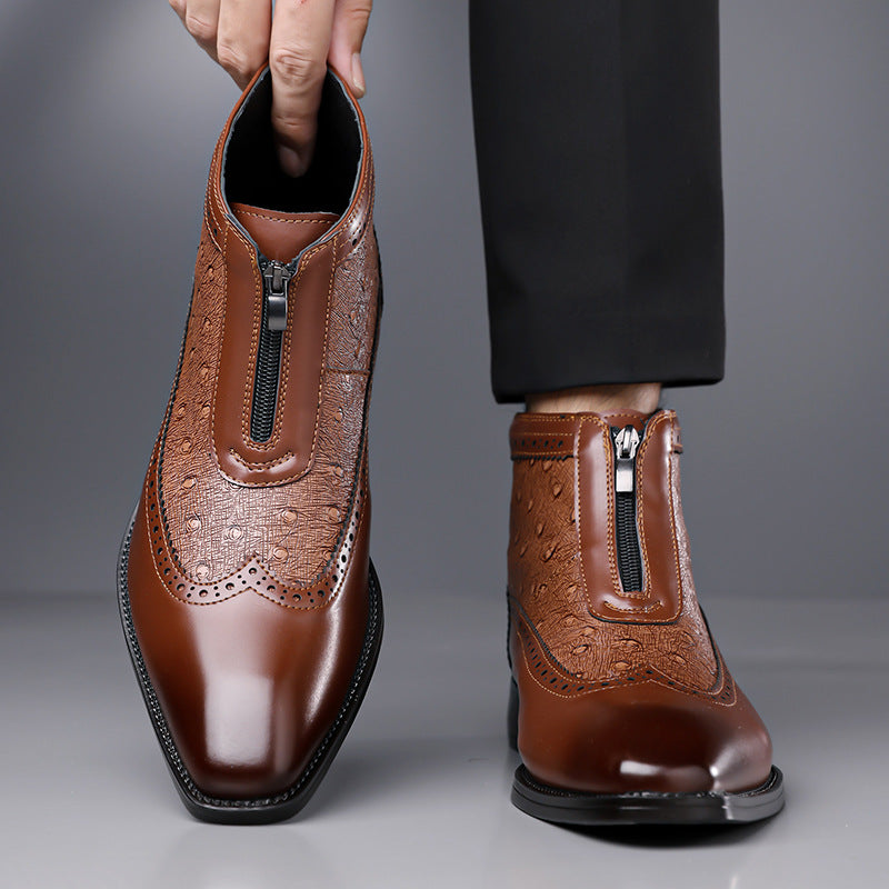 Zapatos de hombre de tallas grandes, de punta, con textura en relieve y cremalleras.