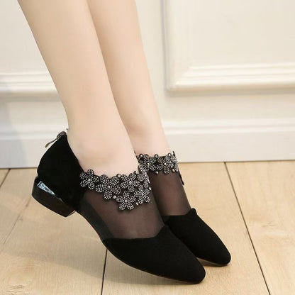 🐂Cuero🐂Tacones bajos con flores de diamante hueco
