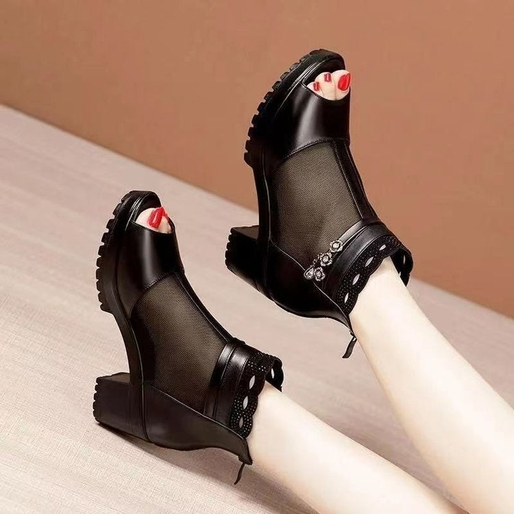 Sandalias de malla con boca de pez y tacón grueso