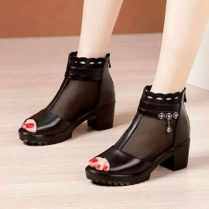 Sandalias de malla con boca de pez y tacón grueso