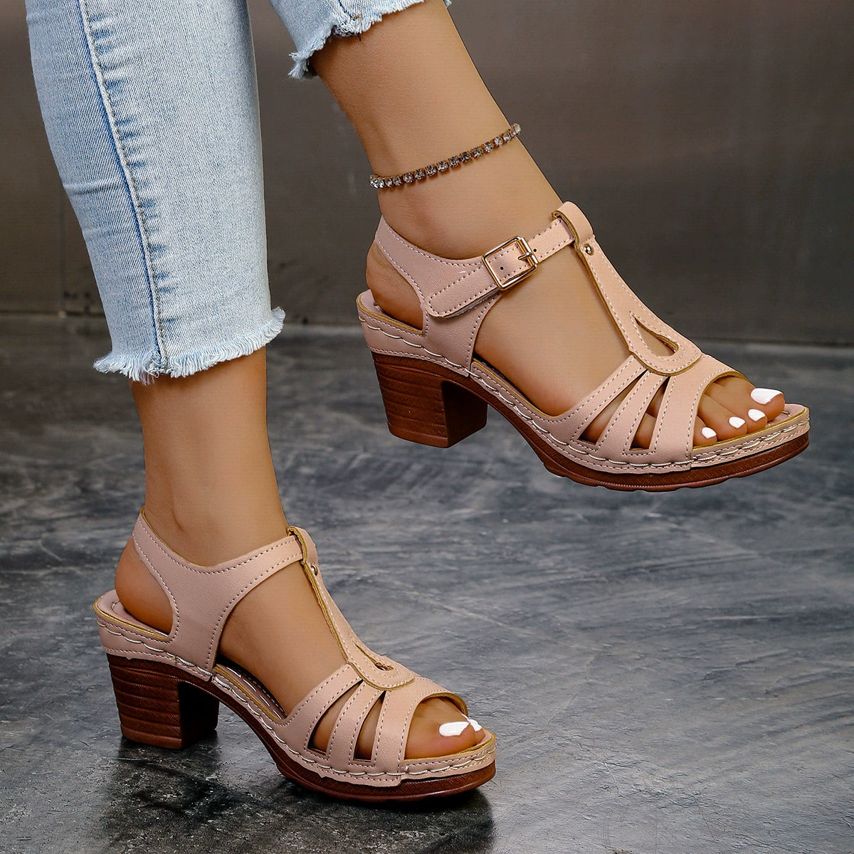 Sandalias de tacón ancho y puntera abierta para mujer (tallas grandes)