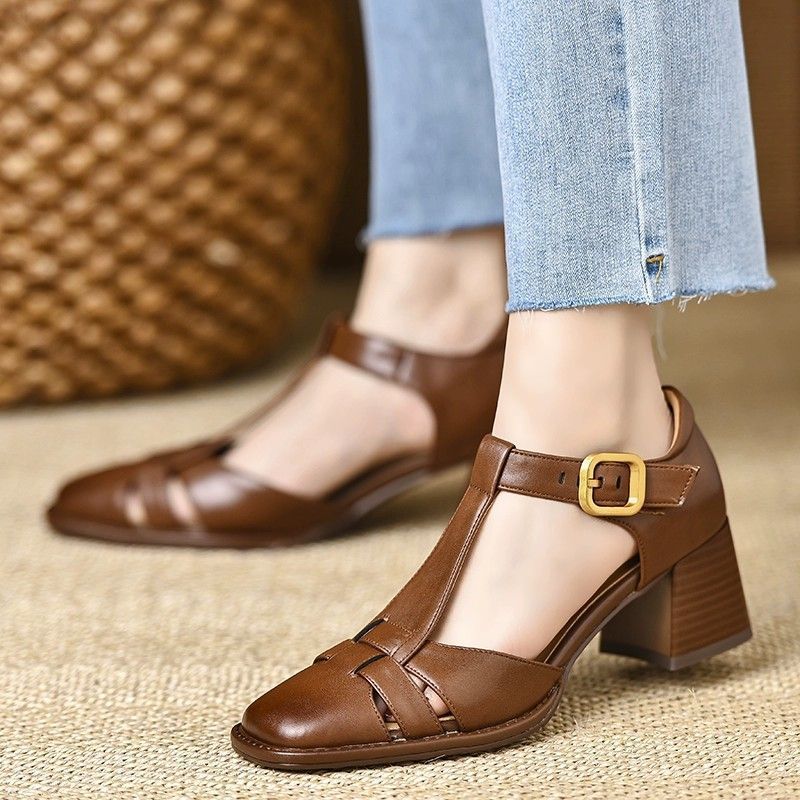 Zapatos de Piel Elegantes con Tacón Ancho para Mujer