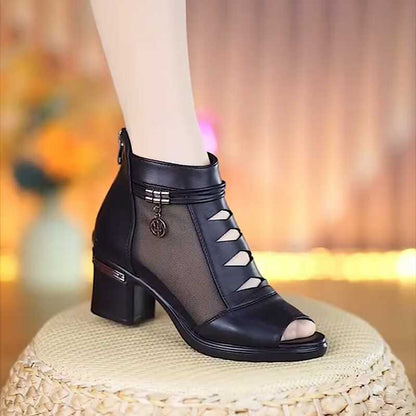 Botines de malla y piel auténtica con tacón medio
