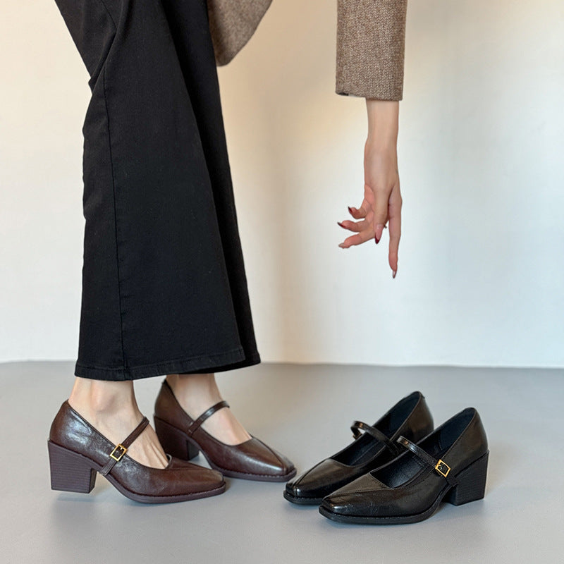 Zapatos de cuero suave de estilo vintage con puntera cuadrada