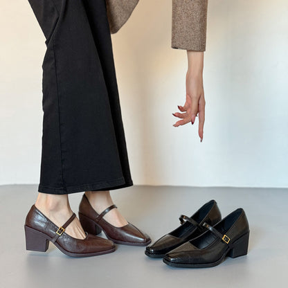 Zapatos de cuero suave de estilo vintage con puntera cuadrada