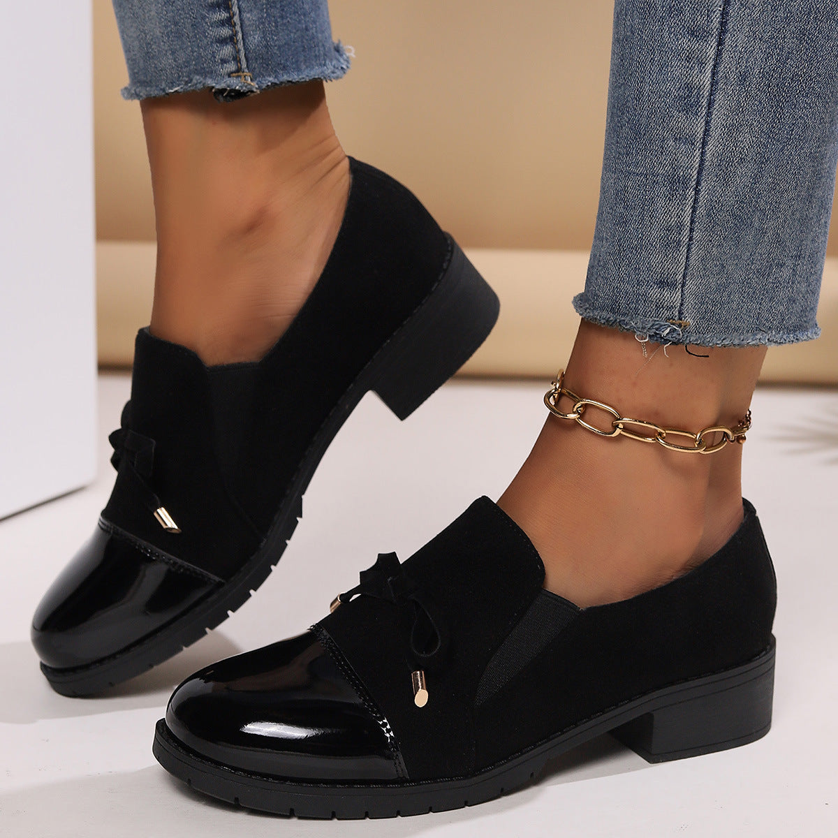🐂Cuero🐂Zapatos de piel con lazo, punta redonda y tacón grueso