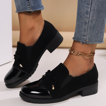 🐂Cuero🐂Zapatos de piel con lazo, punta redonda y tacón grueso