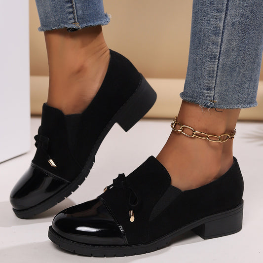 🐂Cuero🐂Zapatos de piel con lazo, punta redonda y tacón grueso
