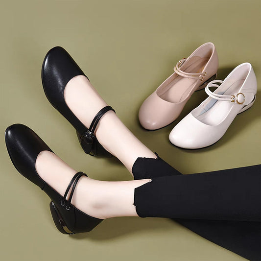 Zapatos de cuero para mujer de punta redonda y tacón de bloque