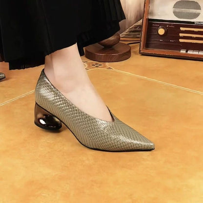 Zapatos de piel con tacón en bloque y estampado de serpiente