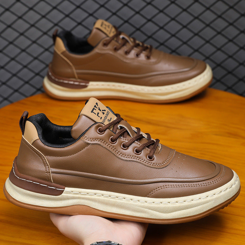 Zapatos de cuero para hombre, con suela blanda, cordones y puntera redondeada